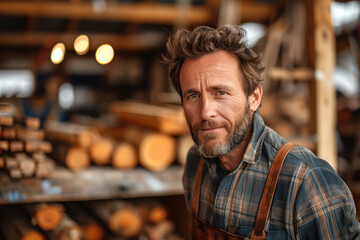 Portrait of a handsome mature woodworker standing in his workshop and looking at camera