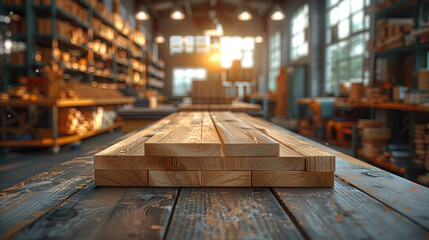 Wooden blocks on table in carpentry workshop. Blurred background - obrazy, fototapety, plakaty