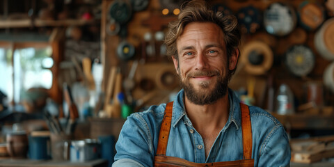 Portrait of smiling mature craftsman in workshop. - obrazy, fototapety, plakaty