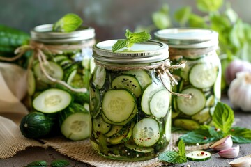 glass jar with pickled cucumbers - obrazy, fototapety, plakaty