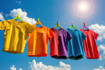 colorful t-shirts on clothesline against blue sky with sun flare