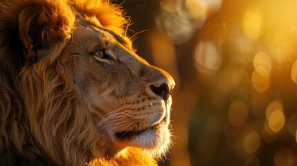 Animal wildlife photography close up lion head with natural sunny view background. AI generated