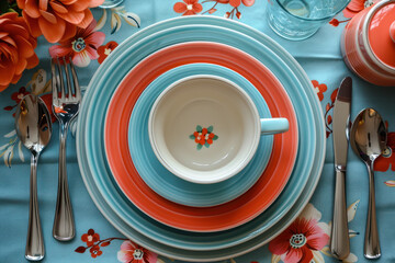 retro table setting with colorful plates and floral pattern tablecloth - obrazy, fototapety, plakaty