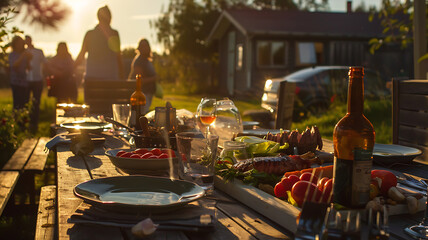 garden table with food on a sunny day - obrazy, fototapety, plakaty