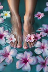 Persons Feet Submerged in Water With Flowers
