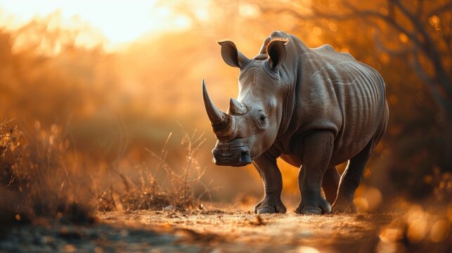 Animal wildlife photography rhino with natural sunny view background. AI generated image
