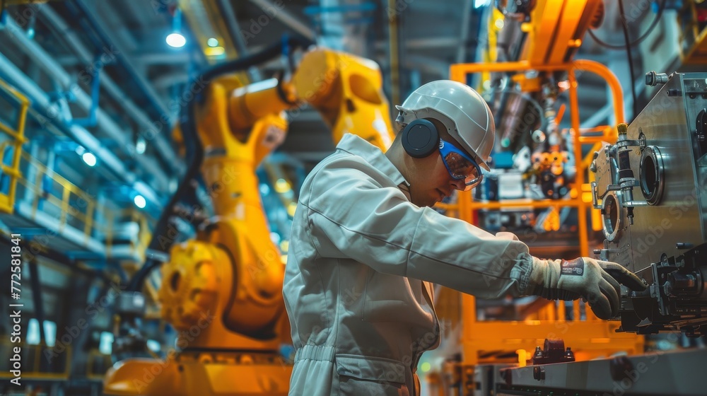 Poster engineer fine-tuning a robotic arm in an industrial setting