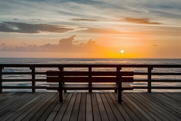 Fototapeta na wymiar Unoccupied bench offers serene ocean view on pier