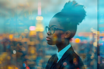 confident black businesswoman with glasses over city night lights - obrazy, fototapety, plakaty