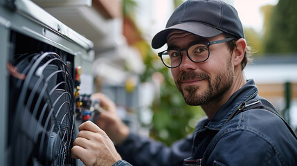 Electrician installing a heat pump on a house. Generative AI