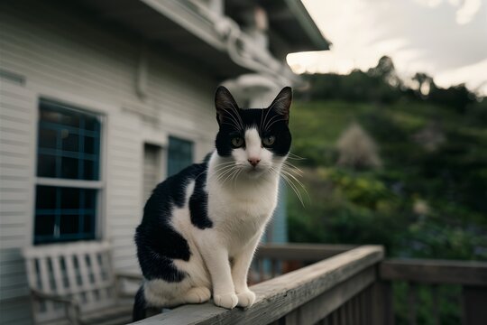 view Black and white cat perches on house railing in portrait