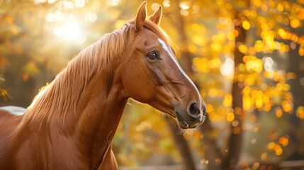 Animal photography horse with natural background in the sunny view. AI generated image - obrazy, fototapety, plakaty