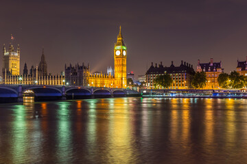 Big Ben in London on the Thames at night