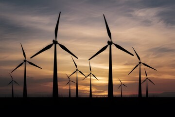 Windmill blades silhouette harness renewable energy at dusk