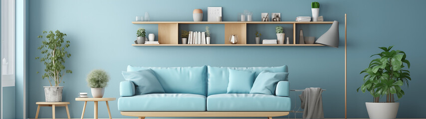 Contemporary Living Room with Blue Sofa and Wooden Floating Shelves