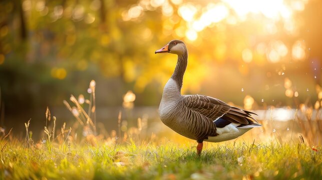 Goose bird animal with natural sunny view background. AI generated image