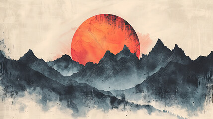  abstract painting of red sun over blacknmountains. Wide format  - obrazy, fototapety, plakaty