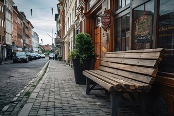Wooden bench offers a quaint resting spot on the bustling street