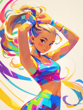 Fitness girl creative digital illustration. Slender pretty girl in sportswear for physical exercise concept vertical poster.  Vibrant modern illustrative style. Raster bitmap image.