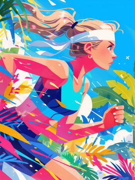 Fitness girl creative digital illustration. Slender pretty girl in sportswear for physical exercise concept vertical poster.  Vibrant modern illustrative style. Raster bitmap image.