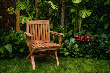 Obraz premium Wooden chair blends seamlessly into gardens lush backdrop