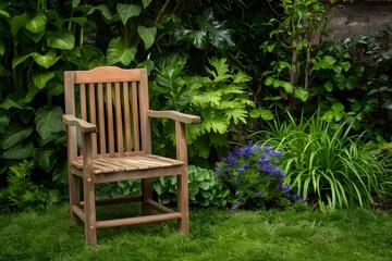 Wooden chair blends seamlessly into gardens lush backdrop