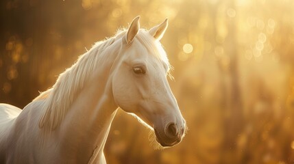 Animal photography white horse with natural background in the sunny view. AI generated image - obrazy, fototapety, plakaty