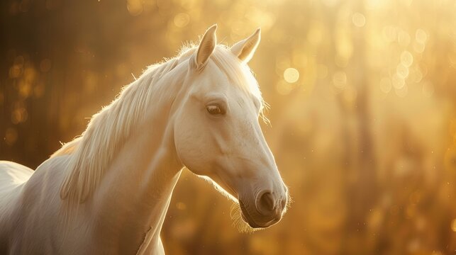 Animal photography white horse with natural background in the sunny view. AI generated image