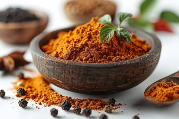 Fotobehang A photo of a wooden spoon filled with dry paprika powder © Graph Squad