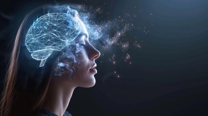 Woman Head With Glowing Brain - obrazy, fototapety, plakaty