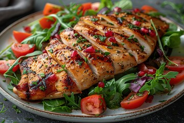 chicken fillet with salad on a white plate, wooden background