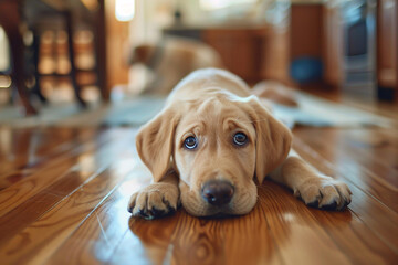 Labrador Retriever puppy lying on the wooden floor at home. AI. - obrazy, fototapety, plakaty
