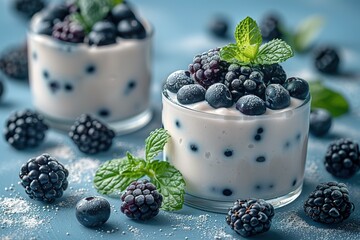 Blueberry and mint in milk, on a light blue background.