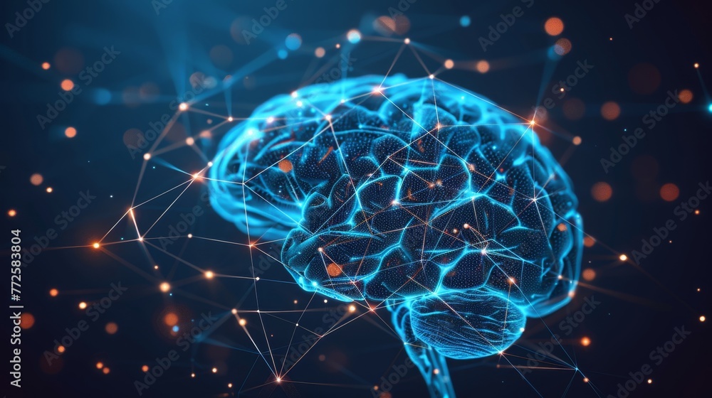 Poster Blue Brain With Connected Lines and Dots