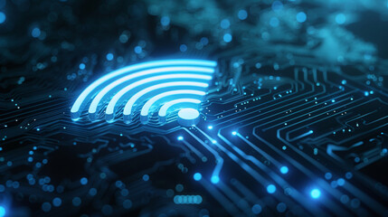Futuristic blue wifi signal on circuit board. 3D rendering. AI. - obrazy, fototapety, plakaty