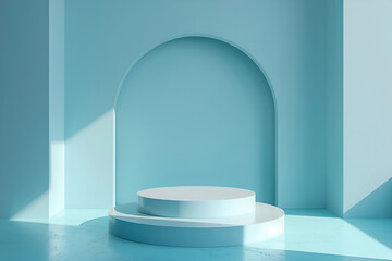 Minimalistic simple abstract light blue background for product presentation. Shadow and light from window on wall