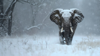 An elephant lost in a snowstorm. An unusual environment for an elephant.