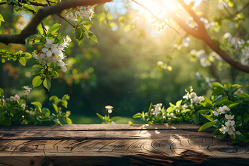 Spring beautiful background with green lush young foliage and flowering branches with an empty wooden table on nature outdoors in sunlight in garden