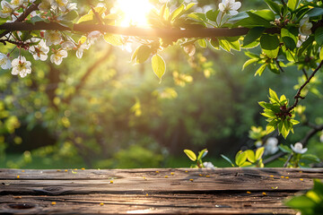 Spring beautiful background with green lush young foliage and flowering branches with an empty wooden table on nature outdoors in sunlight in garden - obrazy, fototapety, plakaty