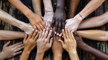 Many hands of different races and ethnicities. United for equality: Diverse youth fighting against discrimination generative ai