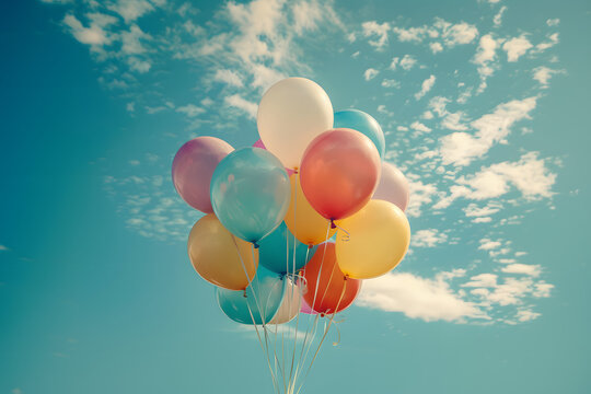 Multicolor balloons with a retro Instagram filter effect, concept of happy birthday in summer and wedding honeymoon party