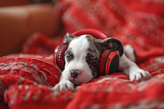 dog listening to music from earphones, transparent background
