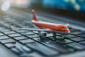 airplane model on laptop keyboard, online ticket booking flight schedule - obrazy, fototapety, plakaty