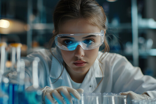 Serious concentrated female microbiologist in sterile clothing and safety goggles sitting at table and dropping reagent in petri dish while doing research in laboratory