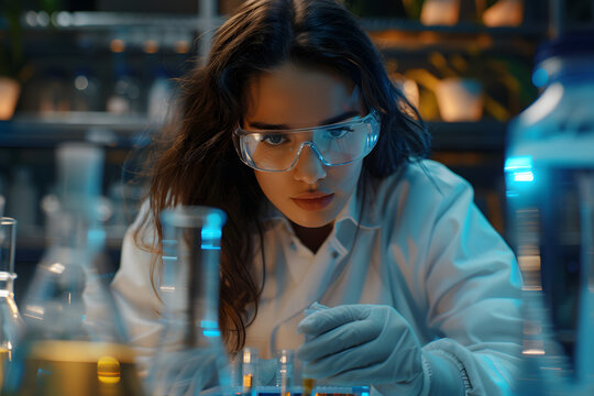 Serious concentrated female microbiologist in sterile clothing and safety goggles sitting at table and dropping reagent in petri dish while doing research in laboratory