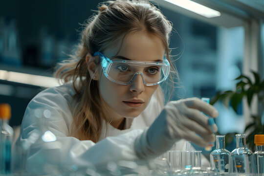 Serious concentrated female microbiologist in sterile clothing and safety goggles sitting at table and dropping reagent in petri dish while doing research in laboratory