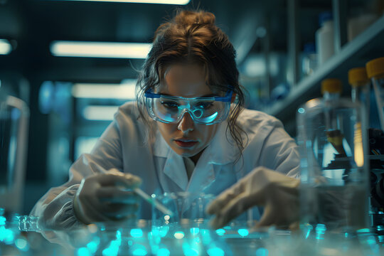 Serious concentrated female microbiologist in sterile clothing and safety goggles sitting at table and dropping reagent in petri dish while doing research in laboratory