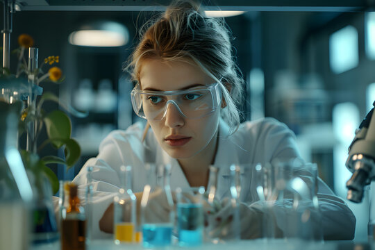 Serious concentrated female microbiologist in sterile clothing and safety goggles sitting at table and dropping reagent in petri dish while doing research in laboratory