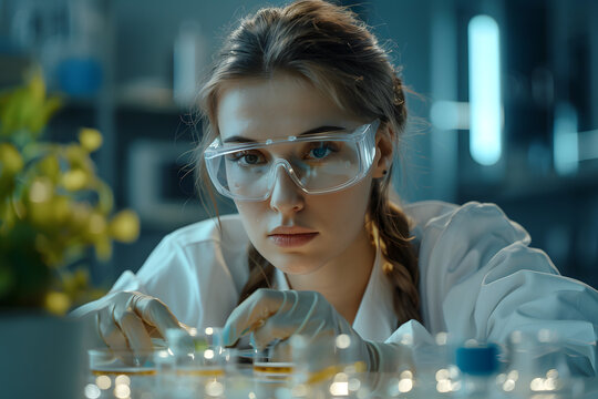 Serious concentrated female microbiologist in sterile clothing and safety goggles sitting at table and dropping reagent in petri dish while doing research in laboratory