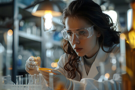 Serious concentrated female microbiologist in sterile clothing and safety goggles sitting at table and dropping reagent in petri dish while doing research in laboratory